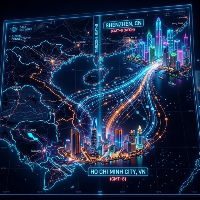 Glowing digital map showing data seamlessly flowing between Shenzhen and Ho Chi Minh City
