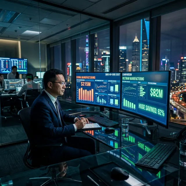 Cinematic view of a tech executive analyzing a glowing cost comparison dashboard showing huge savings in Vietnam