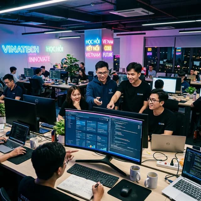 Bustling modern Vietnamese tech park office with young engineers collaborating on a complex interface