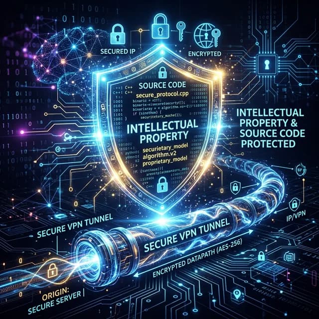 Glowing digital shield locking down intellectual property and source code over a secure VPN tunnel