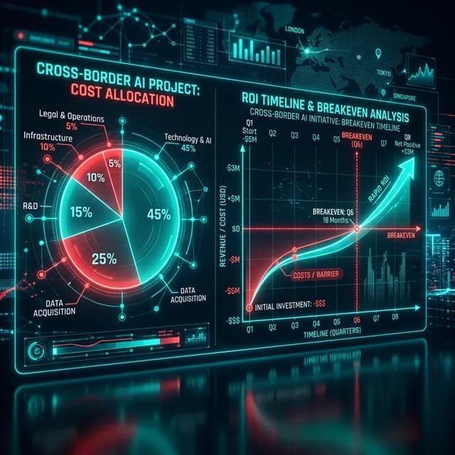 Futuristic glowing pie chart and ROI timeline showing rapid breakeven for an AI project