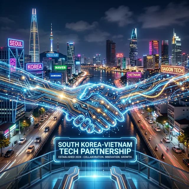Glowing digital handshake bridging a neon Seoul skyline and Ho Chi Minh City