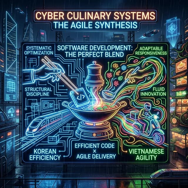 Neon culinary metaphor blending Korean efficiency and Vietnamese agility in software