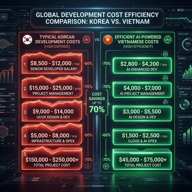 Glowing cost comparison chart Korean vs efficient AI-powered Vietnamese costs