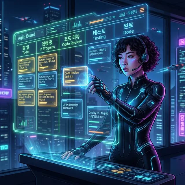 Neon-lit agile project board with Korean and English digital holograms reviewed by PM