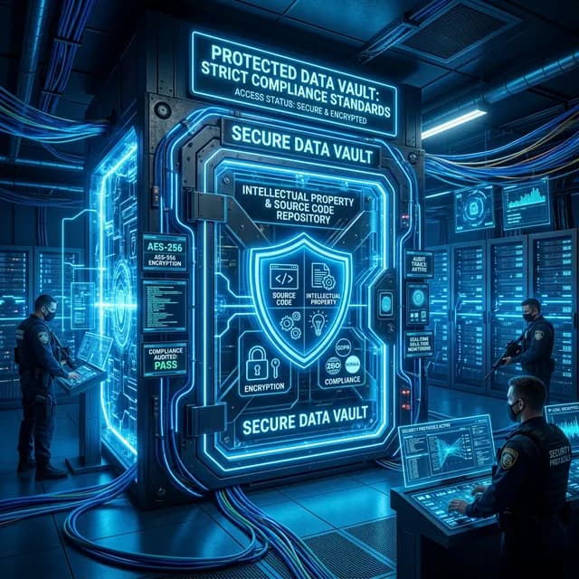 Glowing data security vault protecting IP and source code under strict compliance