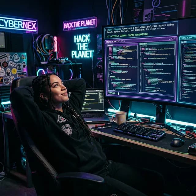 A developer sitting back while a futuristic AI interface rapidly types code based on a spoken natural language prompt