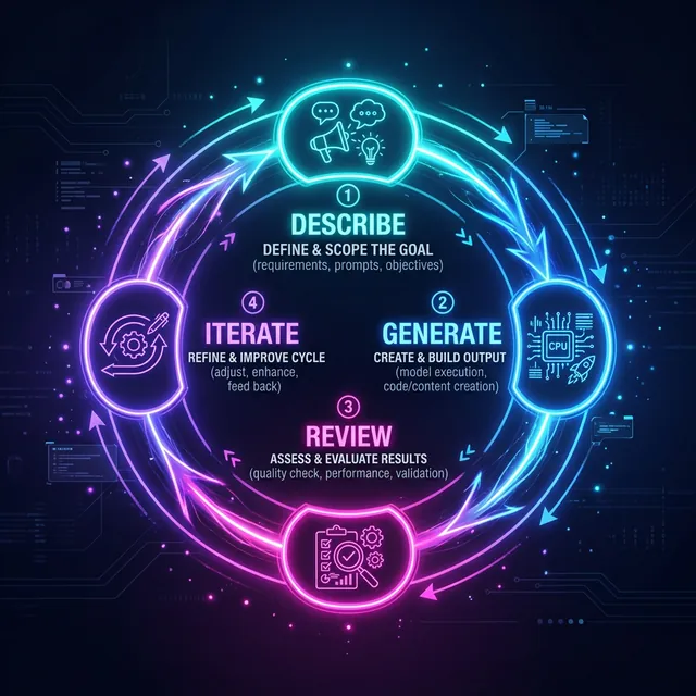 A glowing 4-step loop diagram showing Describe, Generate, Review, Iterate in a sleek tech dark mode style