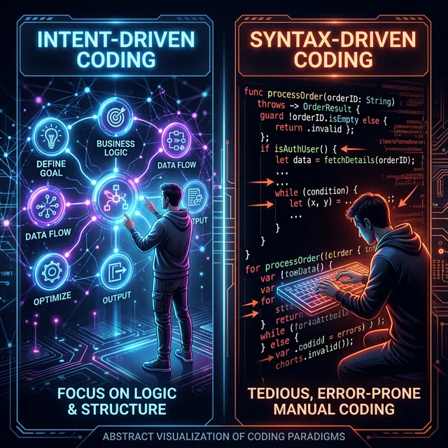 A side-by-side visual of intent-driven vs syntax-driven coding