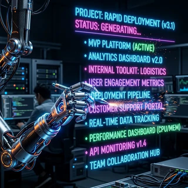 A neon list of MVP, internal tools, and dashboards being rapidly generated by an AI robotic hand