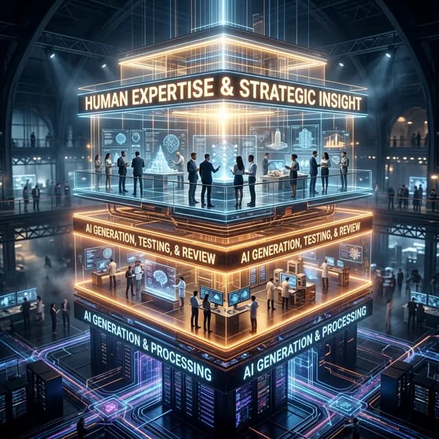 A glowing layered architecture showing human expertise layered on top of AI generation, testing, and review