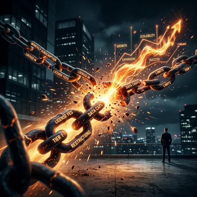 A glowing visual of a business outgrowing its constraints, represented by a breaking tech subscription chain