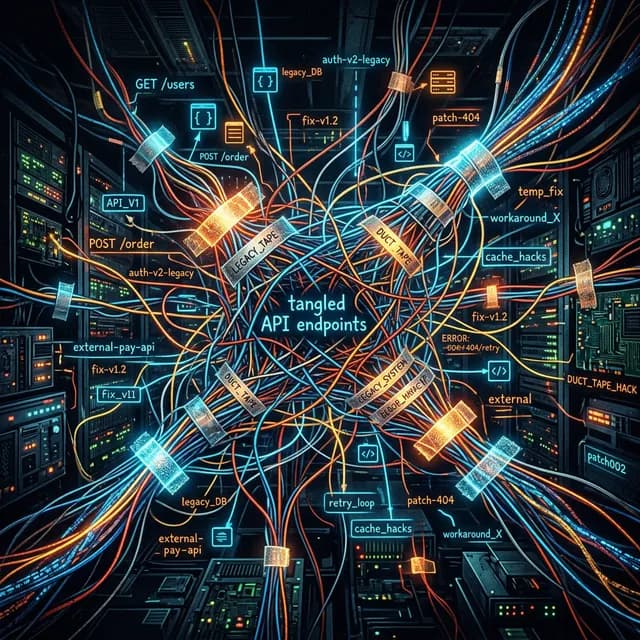 A chaotic glowing web of tangled API endpoints and duct-tape workarounds in a dark tech environment