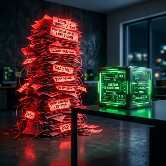 A towering red glowing stack of expensive recurring subscription bills contrasting with a sleek green custom software cube