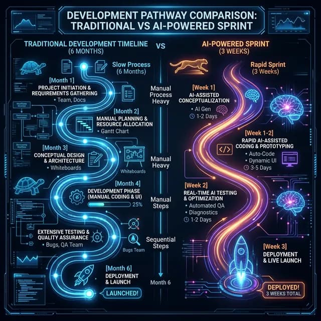 A futuristic glowing comparison chart showing a slow 6-month traditional timeline versus a rapid AI-powered 3-week sprint