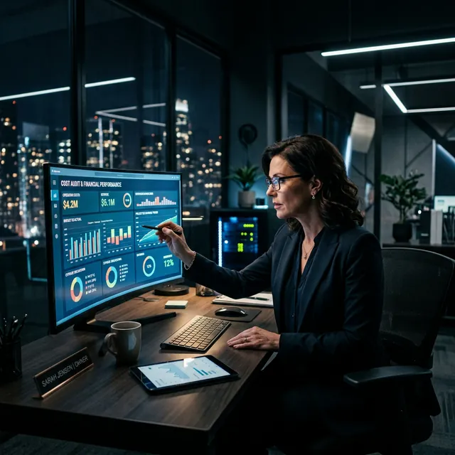 A focused business owner analyzing a glowing cost audit dashboard in a high-tech modern office
