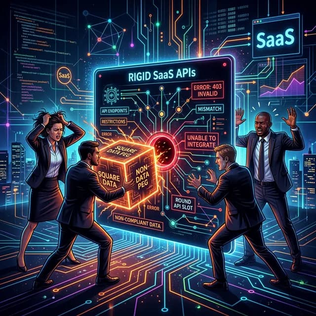 A glowing visual of a frustrated business team trying to fit a square peg into a rigid SaaS API