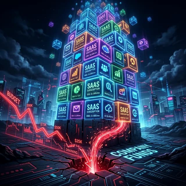 A towering stack of generic SaaS apps represented as expensive glowing subscription blocks draining a budget