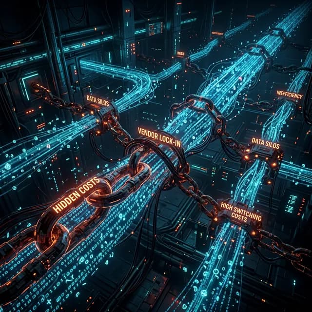 A dark visualization of hidden costs like data silos and vendor lock-in represented as heavy glowing digital chains