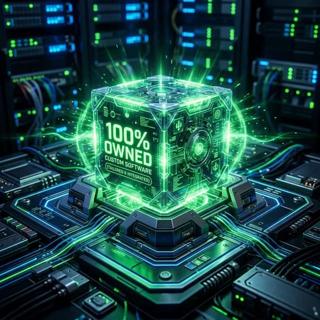 A glowing futuristic cube representing 100% owned custom software perfectly fitted and integrated