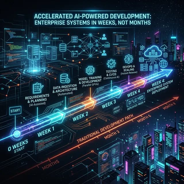 A glowing chronological timeline showing AI-powered development delivering complex enterprise systems in weeks