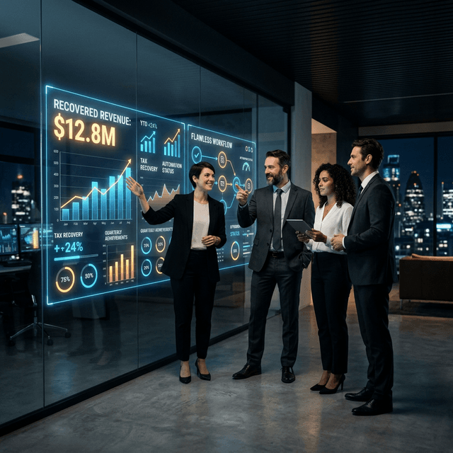 Confident accountants viewing a holographic data display