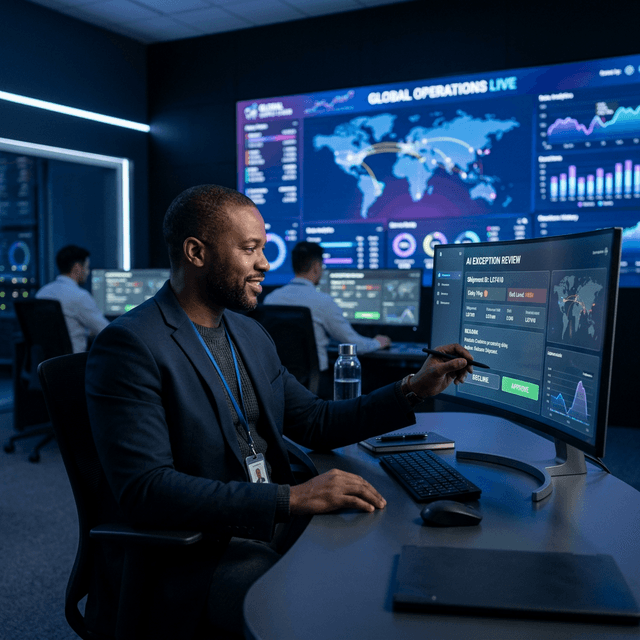 Logistics manager reviewing AI exception