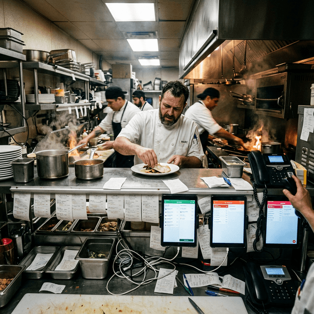 Chaotic kitchen during rush hour