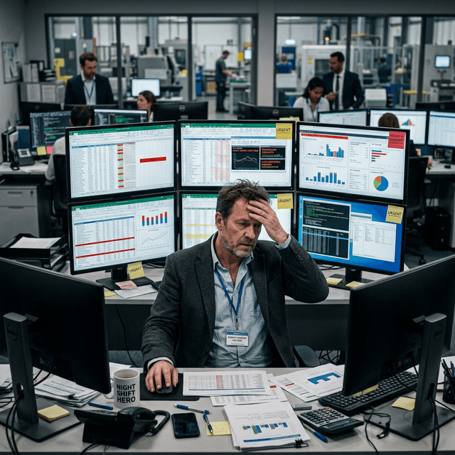 Overwhelmed manager with spreadsheets