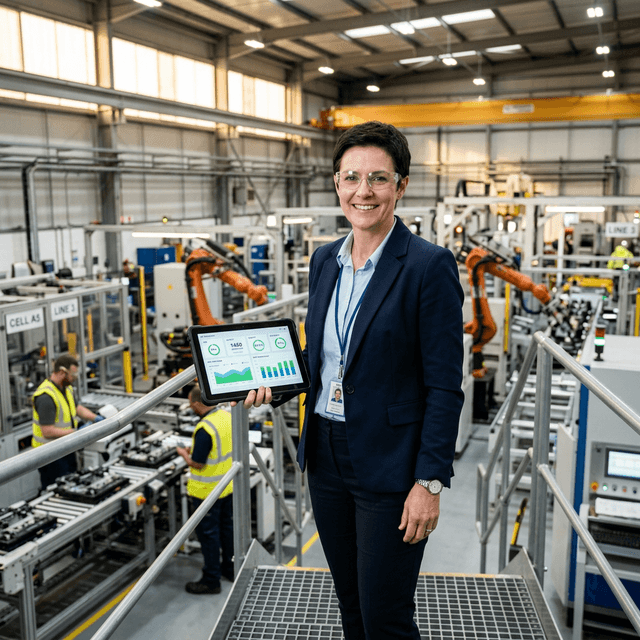 Satisfied operations director tracking success metrics via tablet